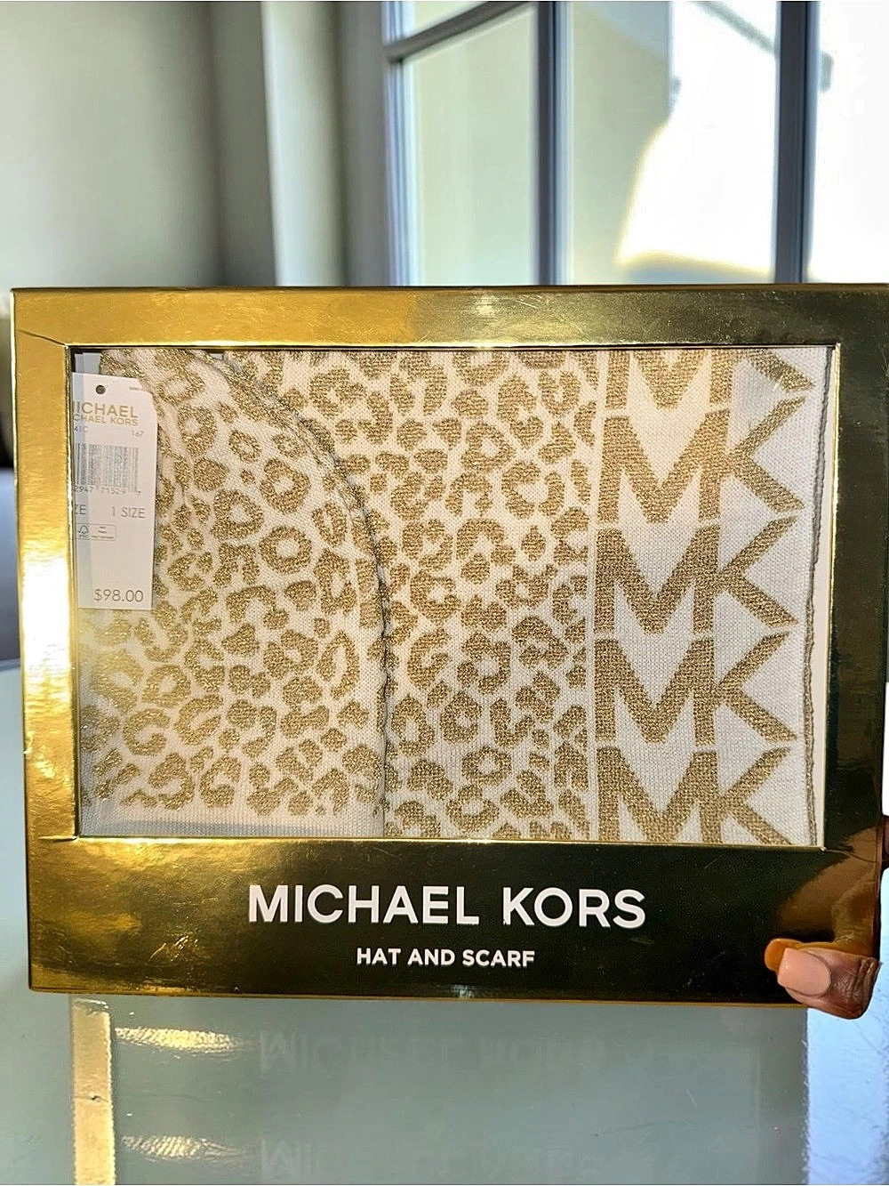 Michael Kors Metallic Leopard Beanie and Scarf Gift Set Animal Print Hat & Scarf
